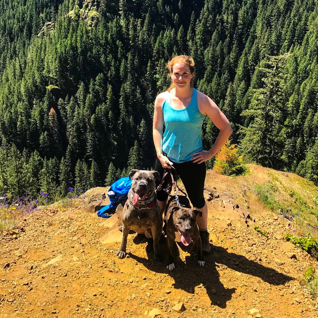 rebecca golian with her dogs benji and mistletoe at hiking summit overlooking evergreen trees